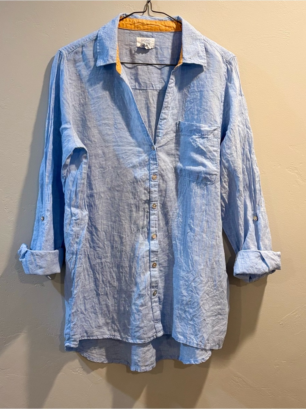 Sigrid Olsen Light Blue Linen Button-Down Shirt with Yellow Collar Trim
